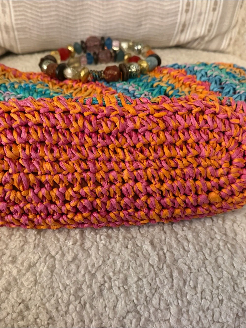 Multicolor Crochet Beach Tote with Beaded Handle